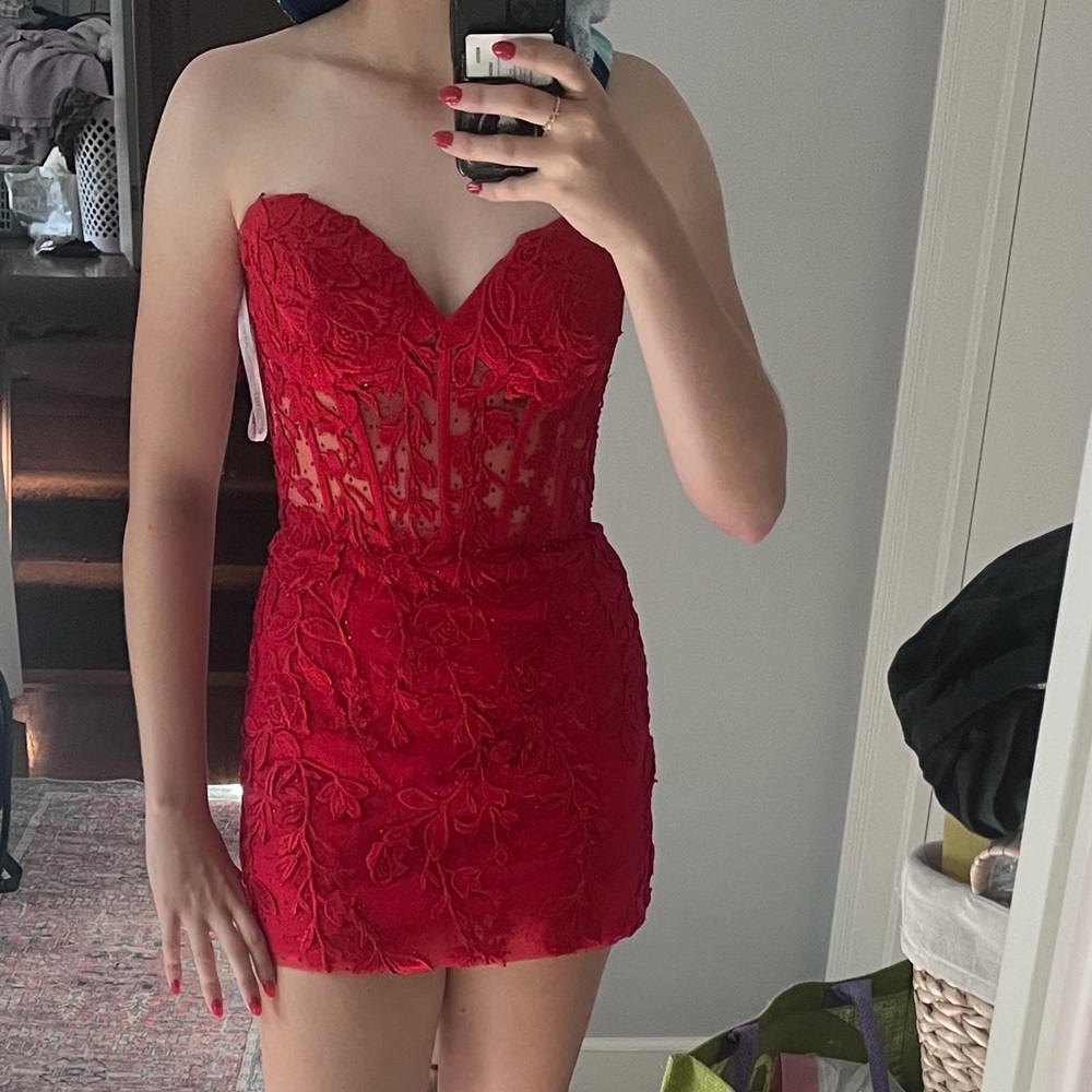 Sherri Hill Red Lace Mini Dress